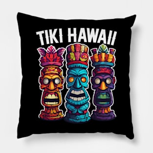 Three Tiki Statues - Tiki Hawaii (with White Lettering) Pillow