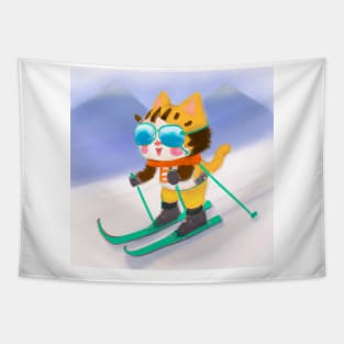 Cute Skiing Orange Chibi Cat Tapestry