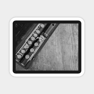 Top down view of wooden flute in a case Magnet