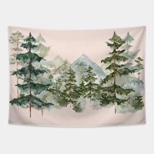 Watercolor Pine Forest and mountain Aesthetic Graphic Tapestry