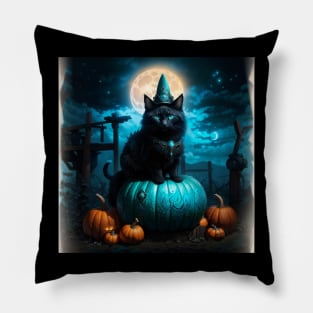 Magical black cat in Halloween night Pillow