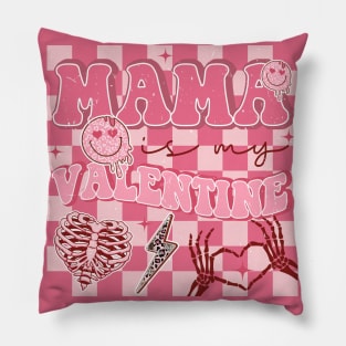 Mama Is My Valentine Pink Skeleton Heart Checkered Background Pillow