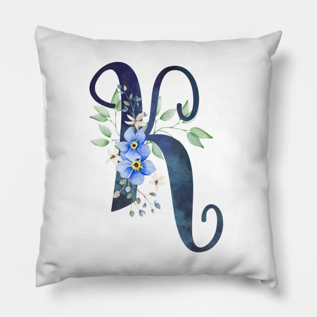 Floral Monogram K Wild Blue Flowers Pillow by floralmonogram