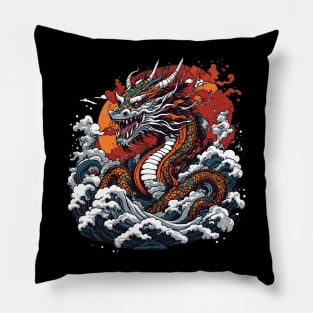 Dragon against the backdrop of a setting sun bathed in ocean waves Pillow