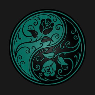 Teal Blue and Black Yin Yang Roses T-Shirt