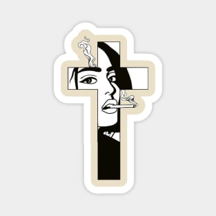 Cross of Jesus with a woman smoking a cigarette Magnet