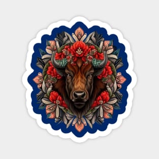 American bison Surrounded By A Wreath Of Indian Paintbrush Tattoo Style Art Magnet