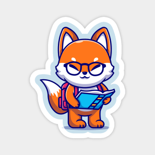 Cute Fox Holding Book With Backpack Cartoon Magnet
