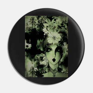 floral dark art deco collage flowers butterflies green Pin