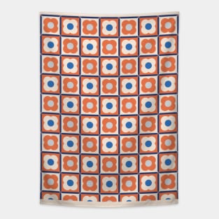 Retro Floral Checker Pattern Apricot Crush, Blue Tapestry