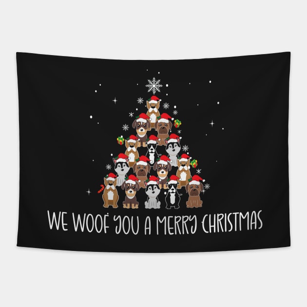 We Woof You a Merry Christmas / Snow Christmas Dog Lover Santa Hat Tapestry by WassilArt