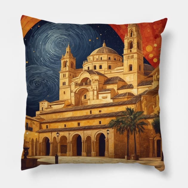 Mezquita of Cordoba Spain Starry Night Travel Tourism Retro Vintage Pillow by TravelersGems