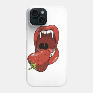 Mouth with vampire teeth about to take a bite into a strawberry Phone Case