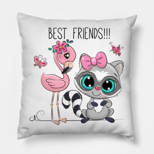 Cute raccoon and pink flamingo. Good friends are animals. Pillow