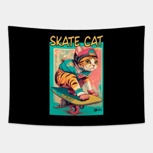 Skate Cat Vintage Tee, Funny Retro Animals on Skateboards Tapestry