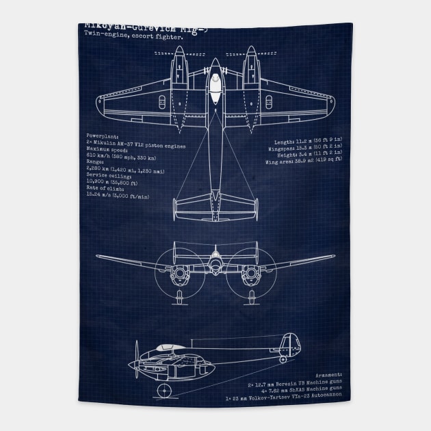 Mikoyan-Gurevich Mig5 URSS Blueprint Tapestry by Aircraft.Lover