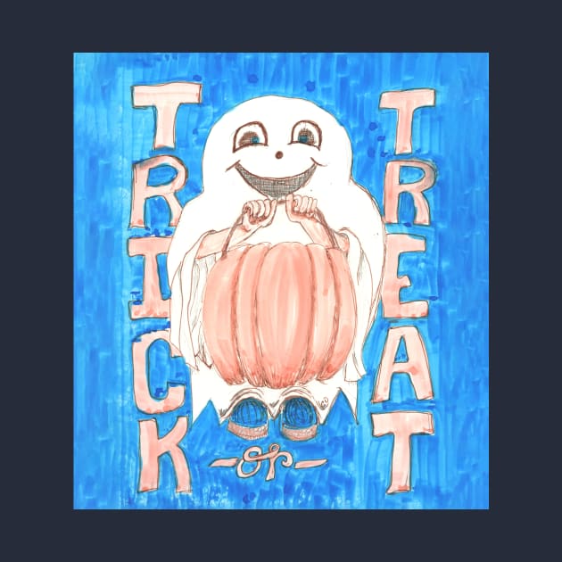 Trick or Treat Ghosty with Pumpkin Pail on Blue Background by CrysOdenkirk