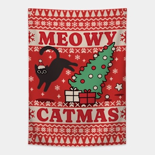 Meowy Catmas Ugly Sweater Cat Christmas Tapestry