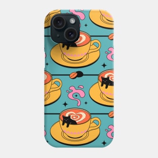 Cappuccino Black Cat Pattern in blue Phone Case