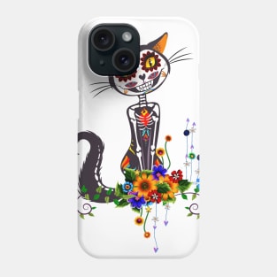 Funny cute sugar cat skeleton with flowers Phone Case