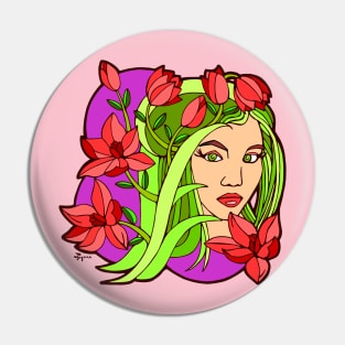 Red Lilies and Green Girl Pin