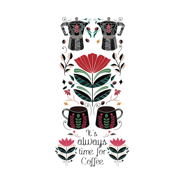 Coffee Lovers Folk Art Illustration // Hand Drawn Espresso Pot, Mugs, Sentiment by creativebakergb