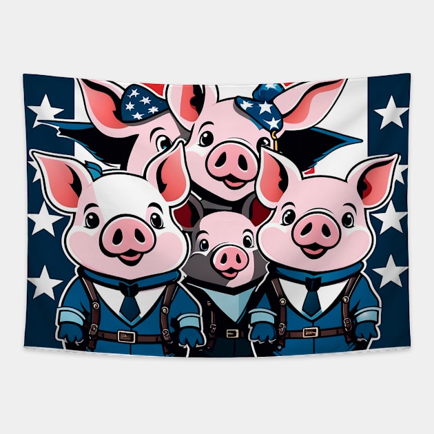 Little pigs dressed in military blue uniforms Tapestry by Marccelus