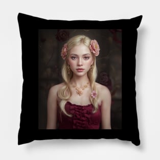 Cute Blonde Girl Posing Fashion Shootout with flowers and floral Pillow