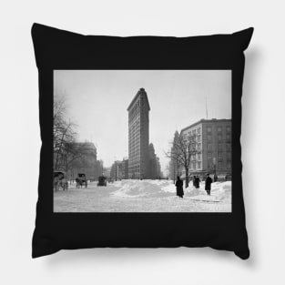 Flatiron Building Winter Scene, 1905. Vintage Photo Pillow