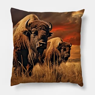 Buffalo Bison Animal Wildlife Wilderness Colorful Realistic Illustration Pillow