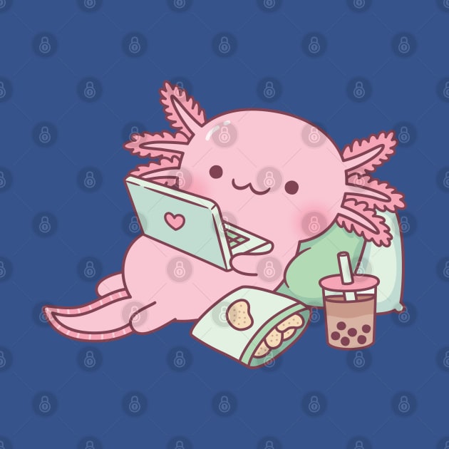 Cute Axolotl Chilling with Laptop And Snacks by rustydoodle