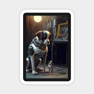 Cyborg Dog getting repaired in a shop Magnet