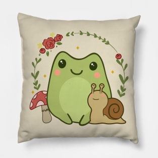 Cute Kawaii Frog Snail Mushroom Cottagecore Aesthetic Pillow