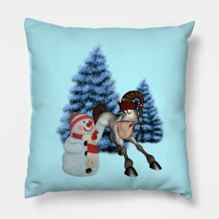 Christmas, funny cartoon horse with snowman Pillow