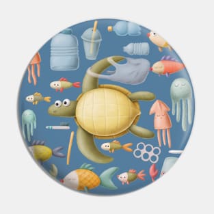 Plastic ocean with turtle and fishes. Pin