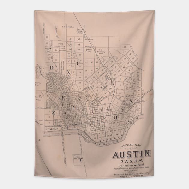 Old Austin TX Map (1885) Vintage Texas Capital City Atlas Tapestry by Bravuramedia