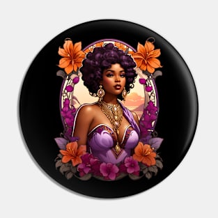 Black Woman in Amethyst Dress retro vintage floral design Pin