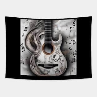 An abstract image of a guitar with musical symbols Tapestry