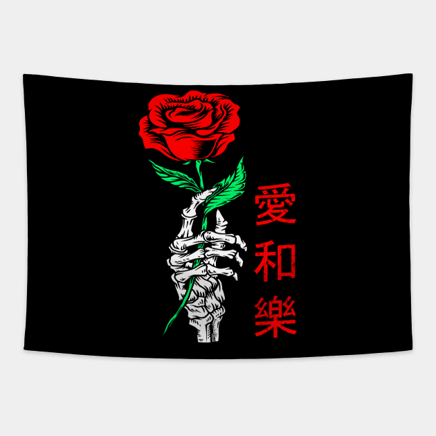 RED ROSE WITH JAPANESE SKELETON HAND Tapestry by Edgar  Lemus