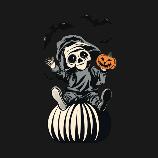 “Skeleton with Jack-O-Lantern and Bats by emblemat2000@gmail.com