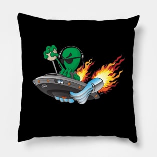 UFO Alien Hot Rod Cartoon Illustration Pillow