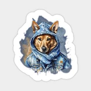 Street Dog wearing a denim jacket hoodie watercolor splash art Magnet