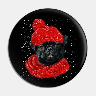 Black Pug Wearing Red Hat And Scarf In Snow Christmas Pin