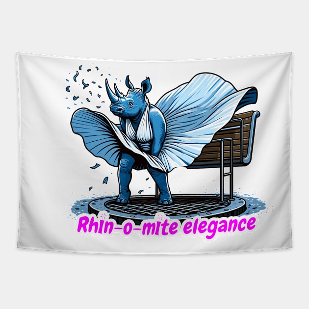 Rhino Elegance – The Iconic Fluttering Dress Illustration Tapestry by TimeWarpWildlife