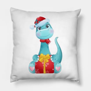 Cute Blue Diplodocus Christmas Dinosaur With Santa Hat Pillow