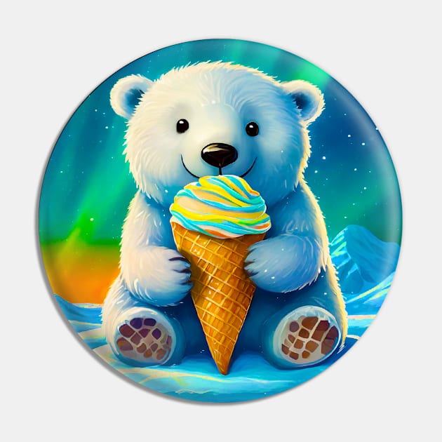 ❄️ Cute Polar Bear Cub on Ice, Licking an Ice Cream Cone Pin by Pixoplanet