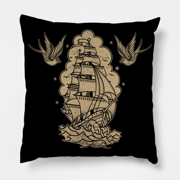 old school ship tattoo color variant Pillow by Seven Relics