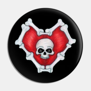 Gothic Red Heart of Bones With Skull Pin