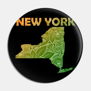 Colorful mandala art map of New York with text in green and orange Pin