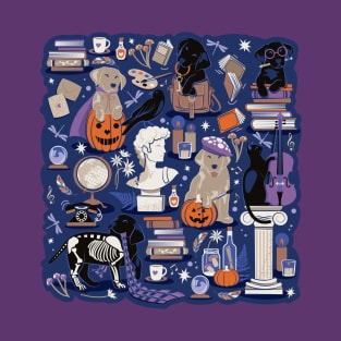 Labracadabrador halloween magic puppies // spot // catalina blue background electric blue orchid and lilac details black and yellow Labrador Retriever dogs T-Shirt